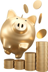 Gold Piggy bank jump with with falling coins, concept saving money for investment ,financial plan,3D rendering