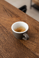 espresso in a gray ceramic cup on a wooden table. espresso. coffee. black coffee. coffee espresso
