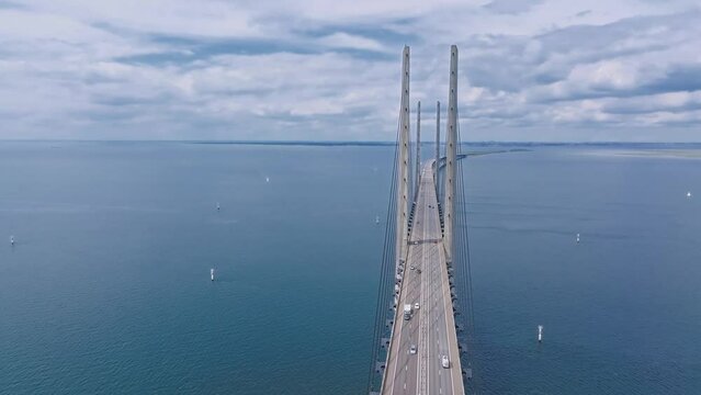 Panoramic aerial close up view of Oresund bridge over the Baltic sea between Malmo city in Sweden and Copenhagen in Denmark.