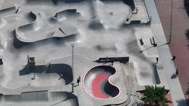 Aerial view of the skate park in Malmo, Western Harbour district. Largest skate park in Europe.
