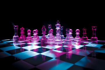Pink and purple iridescent chess pieces glow gracefully on a reflective chess board, creating an enchanting blend of elegance and strategic allure (Generative AI)