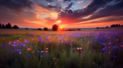 Underneath the resplendent sunset sky, a serene and idyllic meadow stretches infinitely, adorned with a vibrant tapestry of wildflowers (Generative AI)