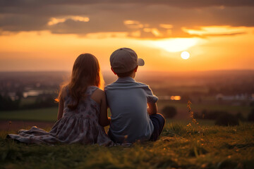 A young boy and girl embrace the beauty of togetherness, hand in hand, in the warm glow of the setting sun (Generative AI)