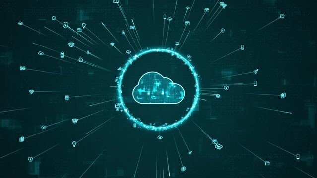 Motion graphic of Blue digital cloud computing logo and ring rotation around logo with ai icon spread and line linked on abstract background with storage big data backup concepts
