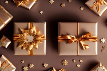 Gift or present box and flower gypsophila on table top view. Greeting card. Flat lay style with copy space.