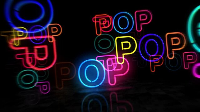 Pop music neon symbol. Light color bulbs. Disco dance popular 1980s art style  abstract seamless and loopable concept. 3d flying through the tunnel animation.