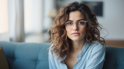 Beautiful Caucasian woman wearing glasses relaxing at home. Stay at home concept. Generative Ai.