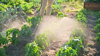 Gardener woman with spray backpack spraying pepper plants in garden