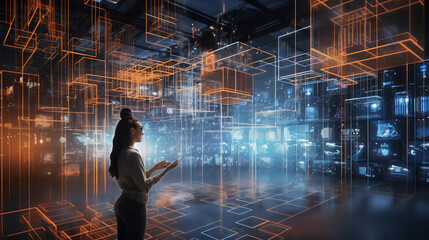 Digital graphics Futuristic 3D Concept, Big Data Center Woman Chief Technology Officer Using Laptop Standing In Warehouse, Information Digitalization Lines, technology and data, Generative AI.