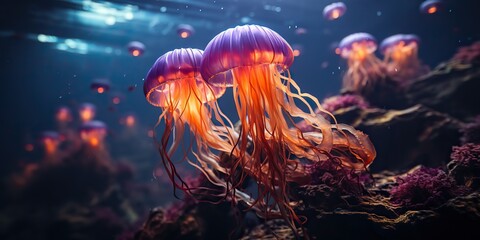 Obraz premium AI Generated. AI Generative. Red jellyfish underwater wildlife sea ocean aquarium life. Graphic Art