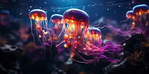 AI Generated. AI Generative. Red jellyfish underwater wildlife sea ocean aquarium life. Graphic Art