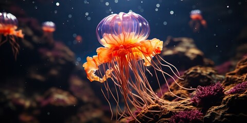 Fototapeta na wymiar AI Generated. AI Generative. Red jellyfish underwater wildlife sea ocean aquarium life. Graphic Art