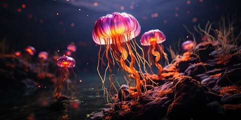 Obraz premium AI Generated. AI Generative. Red jellyfish underwater wildlife sea ocean aquarium life. Graphic Art