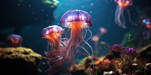 AI Generated. AI Generative. Red jellyfish underwater wildlife sea ocean aquarium life. Graphic Art