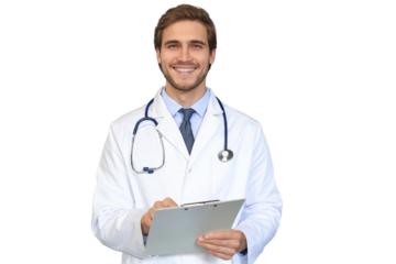 Handsome friendly young doctor on a transparent background looking at camera, smiling.