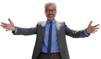 Smiling businessman greeting you on a transparent background
