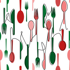 seamless pattern with colorful spoons and forks on white background and hand drawn black line