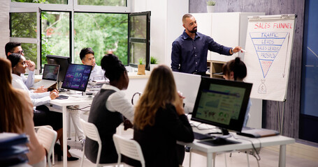 Manager Explaining Sales Funnel Marketing Presentation