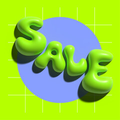Cool 3d sale banner in y2k style. Trendy vivid square template for social media post. Bright acid green and purple colors