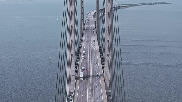 Panoramic aerial close up view of Oresund bridge over the Baltic sea between Malmo city in Sweden and Copenhagen in Denmark.