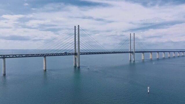 Panoramic aerial close up view of Oresund bridge over the Baltic sea between Malmo city in Sweden and Copenhagen in Denmark.