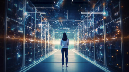  Digital graphics Futuristic 3D Concept, Big Data Center , Woman Chief Technology Officers Standing In Warehouse, Information Digitalization Lines, technology and data, Generative AI.