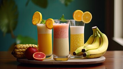 Fototapeta premium Banana and orange fruit cocktails Trendy Asian summer drinks