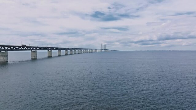 Panoramic aerial close up view of Oresund bridge over the Baltic sea between Malmo city in Sweden and Copenhagen in Denmark.