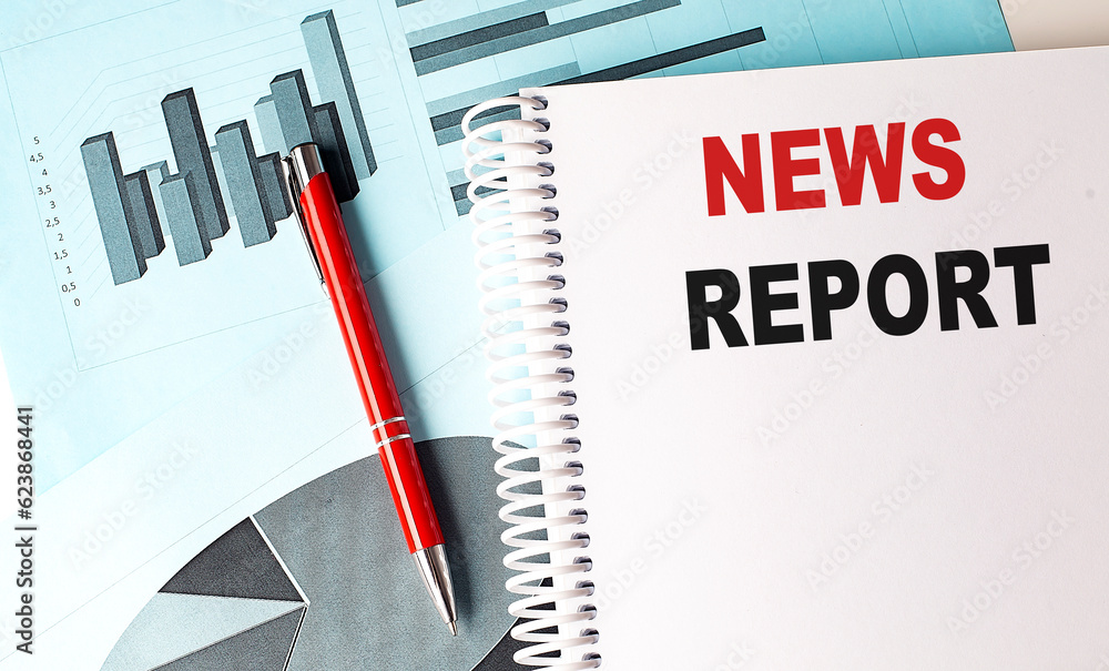 Poster news report text on a notebook with pen on a chart background