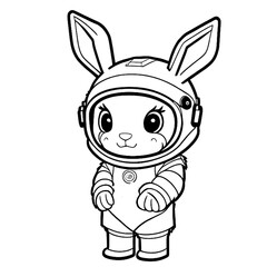 rabbit in an astronaut suit in a space helmet, standing on two feet, cartoon style, happy bunny, black and white, vector, coloring page, character, a cartoon style,
