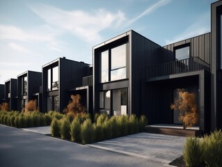 Fototapeta na wymiar Modern modular private black townhouses residential architecture exterior generative ai