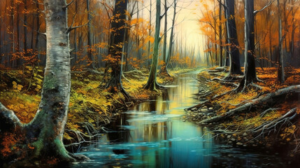 Misty foggy forest road in a dramatic mystic scene. Generative ai