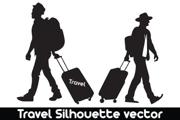 Travel silhouette vector with suitcases on white background, Vacation silhouette, Travel concept silhouette.