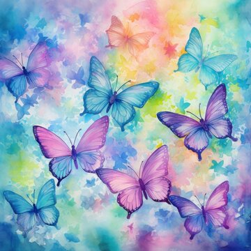  butterflies pink blue purple green watercolors soft background 