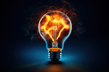 Illuminated lightbulb with glowing filaments on blurry background, representing creativity or innovation.