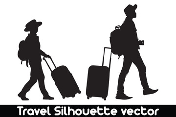 Travel silhouette vector with suitcases on white background, Vacation silhouette, Travel concept silhouette.