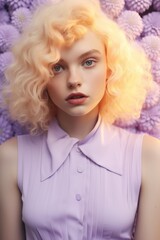 A woman with blonde curly hair stands out in a surreal portrait, wearing a fashionably stylish shirt and accessorized with a hairpiece, a lip ring, and cascading ringlets that draw attention to her b
