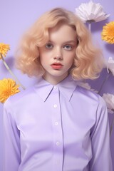 A surreal portrait of a fashionably dressed girl with blonde hair wearing a pastel yellow shirt, adorned with a doll-like flower arrangement, evoking a dreamy atmosphere of innocence and beauty
