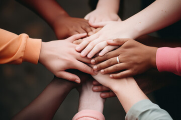 Diverse teenager hands joined together in a unity or teamwork concept.