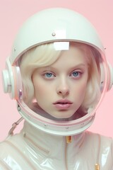 In a surreal pastel portrait, an astronaut-clad woman wearing a white helmet stands confidently indoors, radiating strength and curiosity - obrazy, fototapety, plakaty