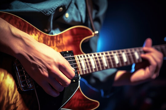 Close-up of a musician's hands playing an electric guitar, capturing the passion and skill of a live performance.
