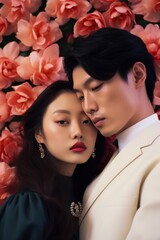 A surreal pastel portrait of two lovers, dressed in romantic clothing, captured in a passionate embrace and holding a rose in celebration of their love