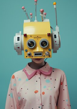 Surreal and whimsical, this portrait captures a cartoonish figure wearing a yellow robot head, their pastel-colored shirt giving a playful contrast to the toy-like atmosphere