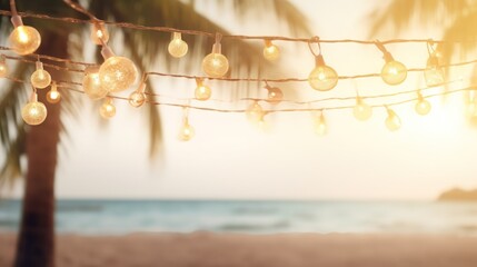 Obraz premium Lights garland on summer beach cafe. Illustration AI Generative.