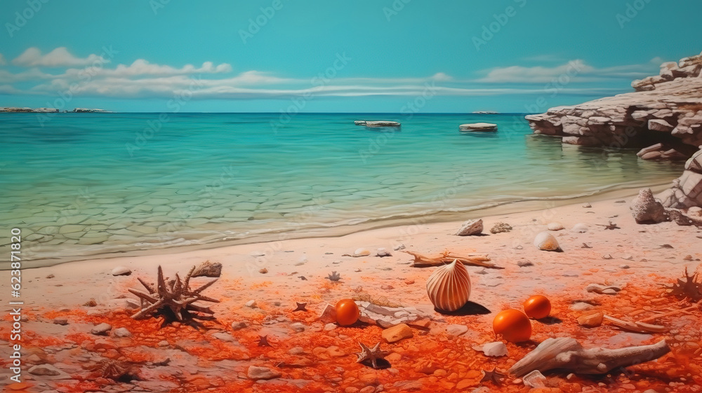 Poster landscape with shells on tropical beach. generative ai - Posters