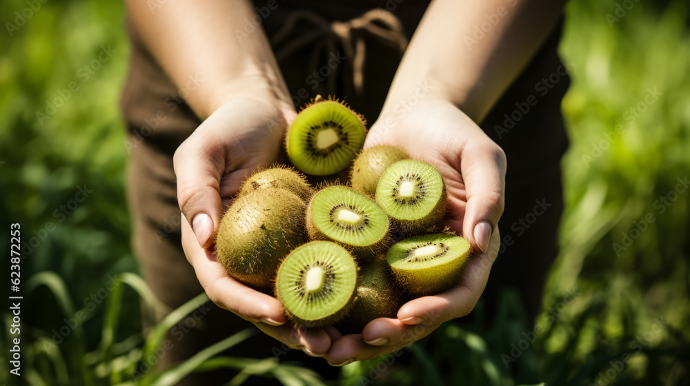 Aufkleber hands holding freshly picked kiwis in a plantation; background with empty space for text