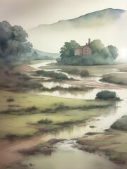 English farmhouse landscape. AI generated illustration