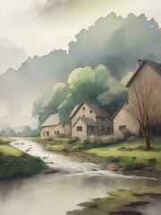 English farmhouse landscape. AI generated illustration