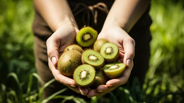Hands holding freshly picked kiwis in a plantation; background with empty space for text