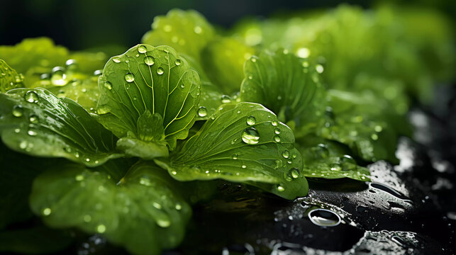Glistening Raindrops on Lush Leaves, created with Generative AI Technology